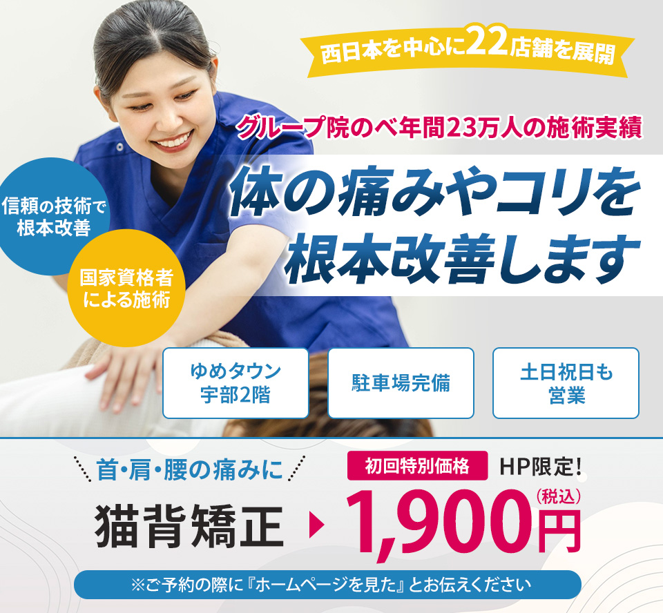 グループ院のべ年間20万人の施術実績 体の痛みやコリを根本改善します